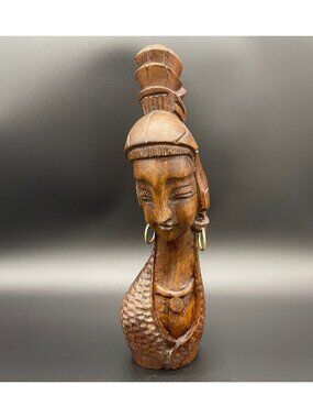 Vintage Statue Hand Carved Wooden Asian Tribal Woman Bust Boho Rustic Decor